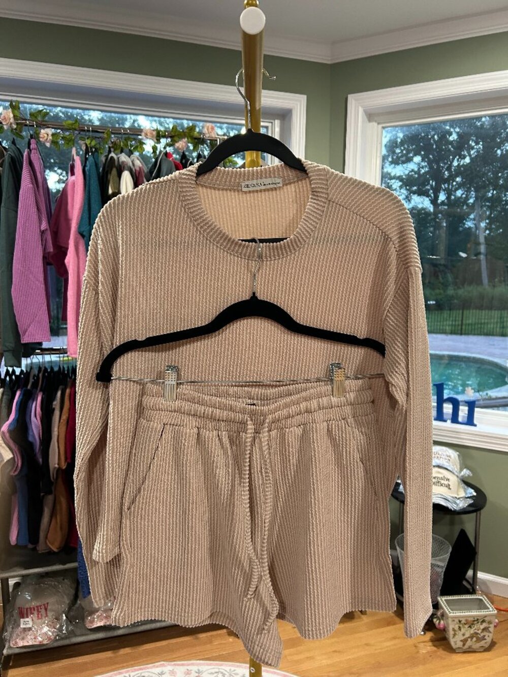 NWT Zenana ASH MOCHA Raised-Rib Long-Sleeve Tee + Shorts Set